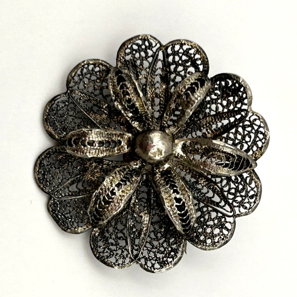 Vintage David Portugal Filigree Flower Brooch Handmade Floral Pin 1.75in